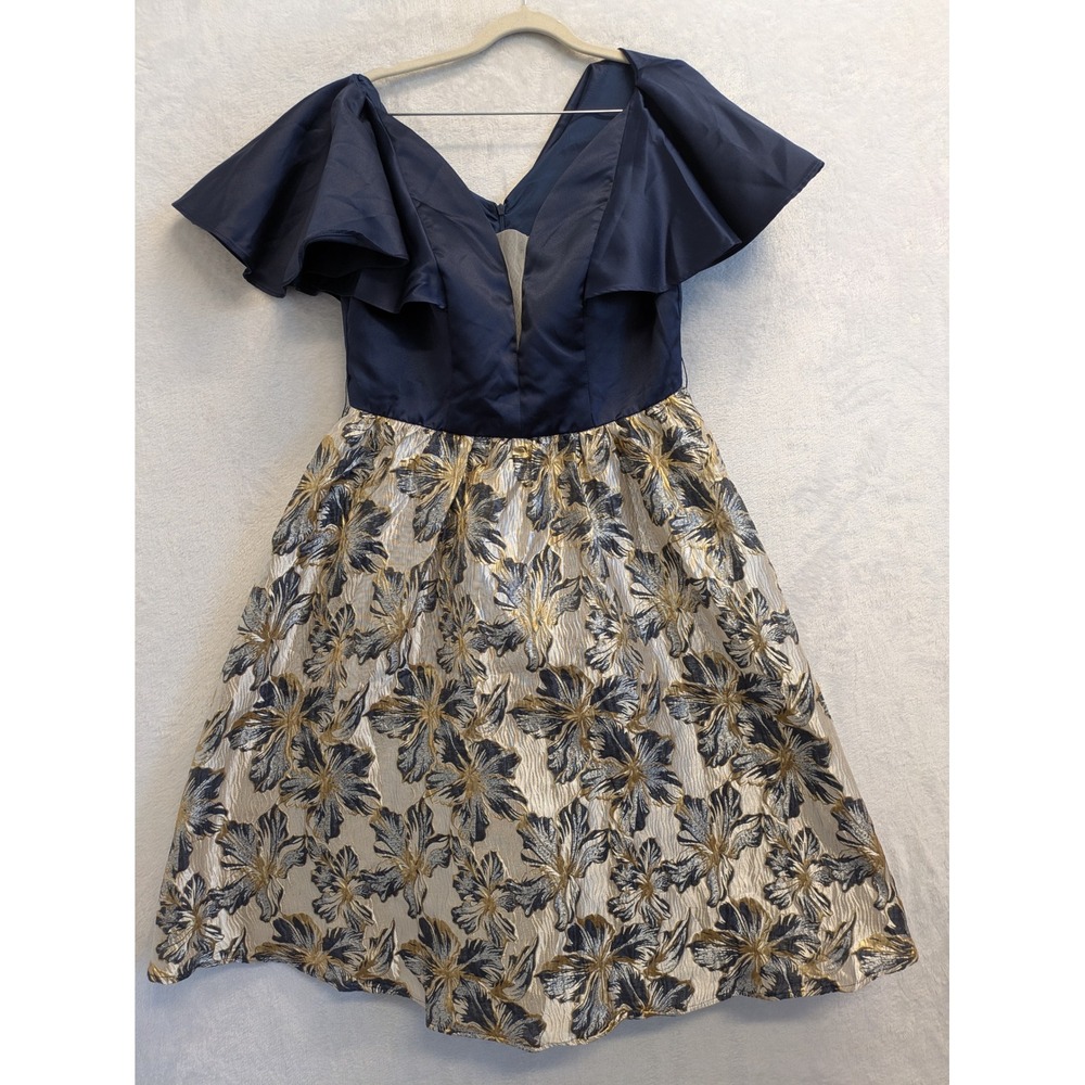 SHEIN Belle Girls Navy Blue Gold Floral Party Dress‎ Size L 8/10